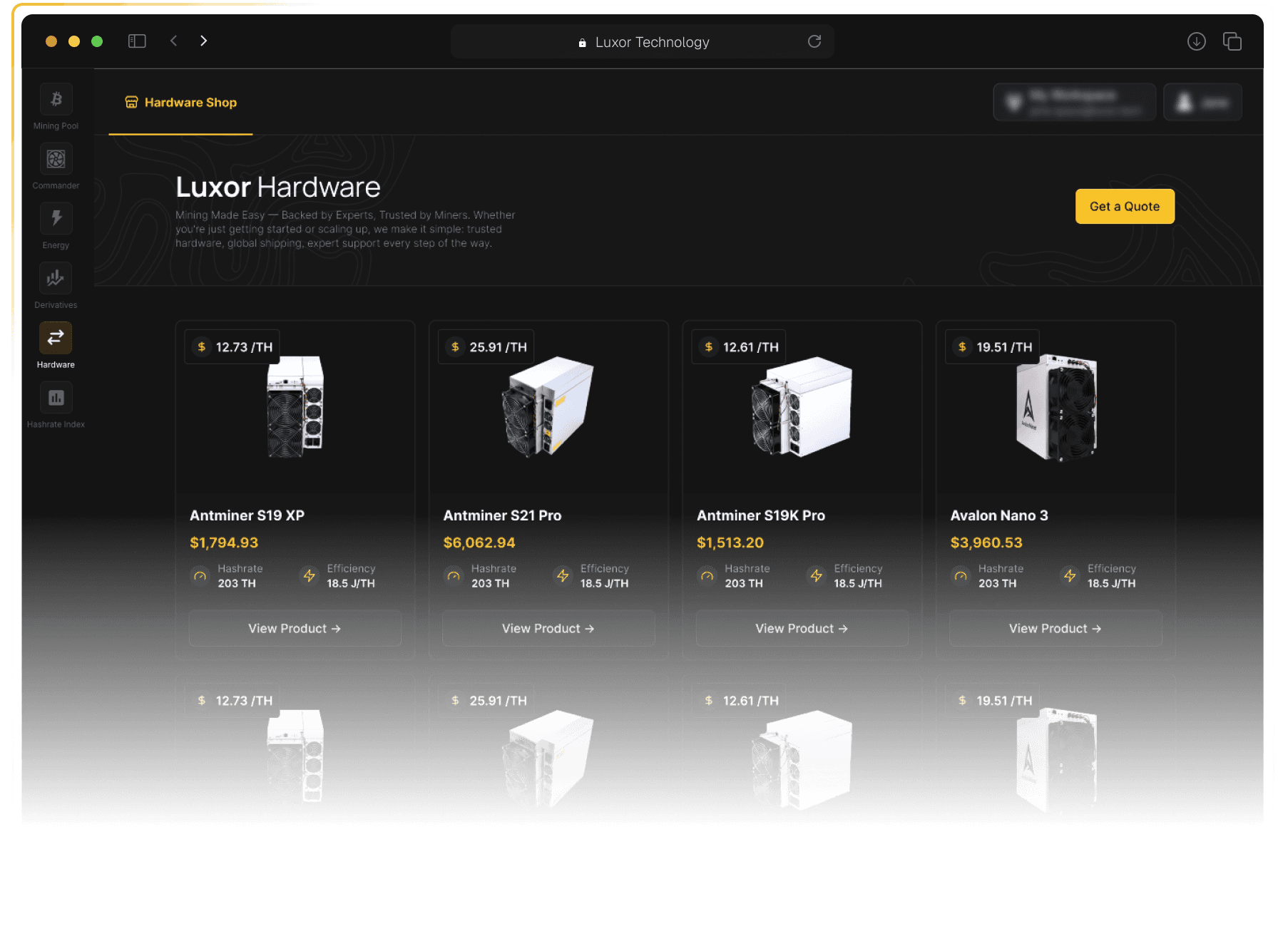 Luxor Hardware marketplace dashboard